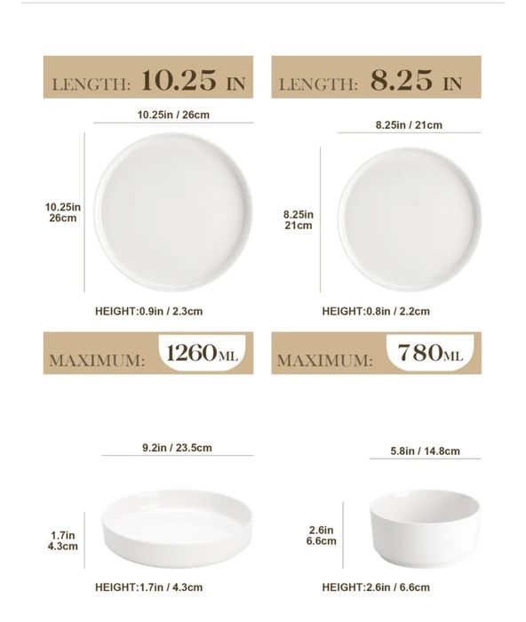 Serwis obiadowy MALACASA 24 el. dla 6 osób – porcelana, biały