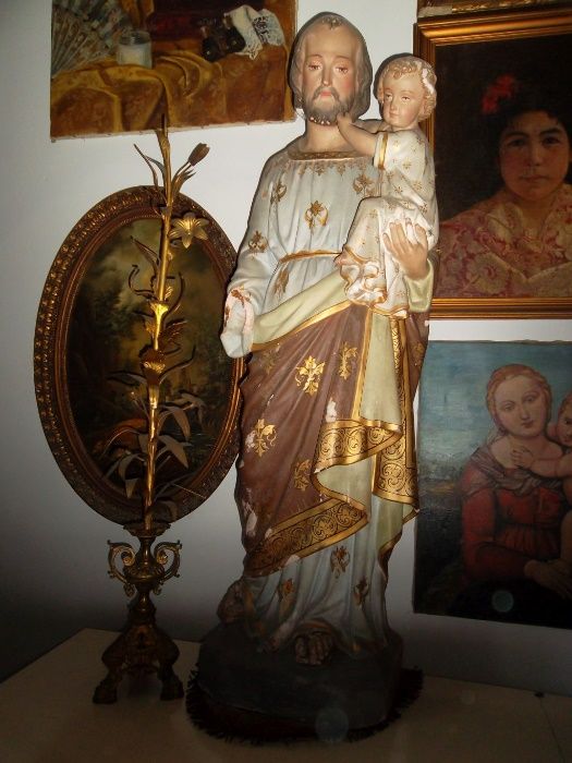 grande antiga escultura-São José em cerâmica policromada-106 cm