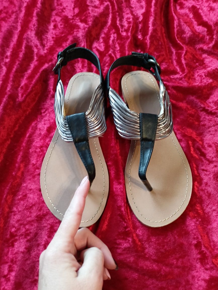 Czarno srebrne sandały damskie, japonki rozmiar 37,