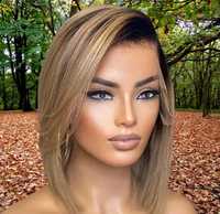 Peruka naturalna bob piaskowy blond z  odrostem mono part-rozm.S