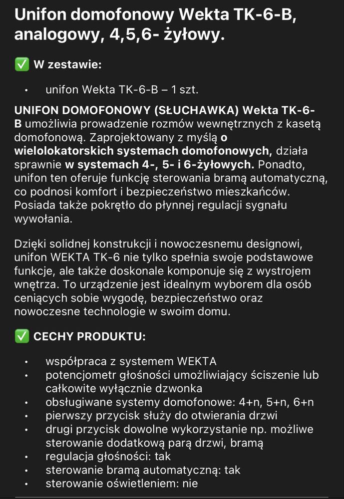 Unifon domofon Wekta TK-6 analogowy 4 5 6 żyłowy