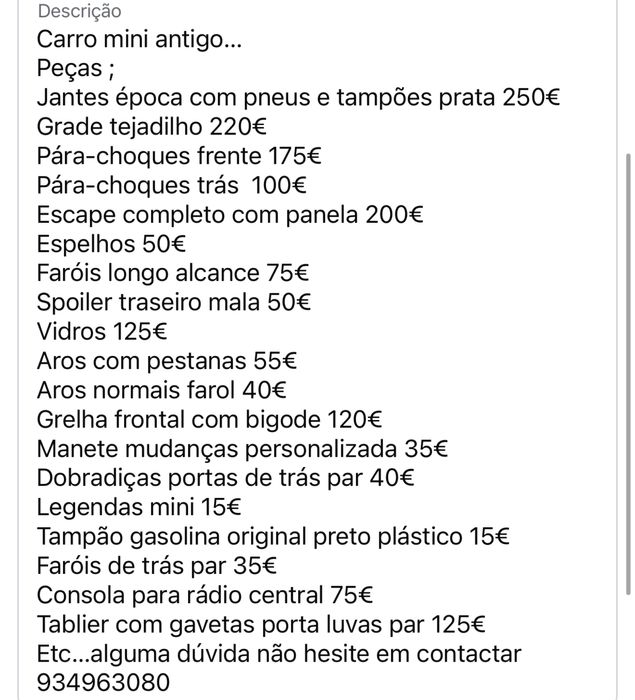 Peças mini 1000 mini 1300 mini 1275 material