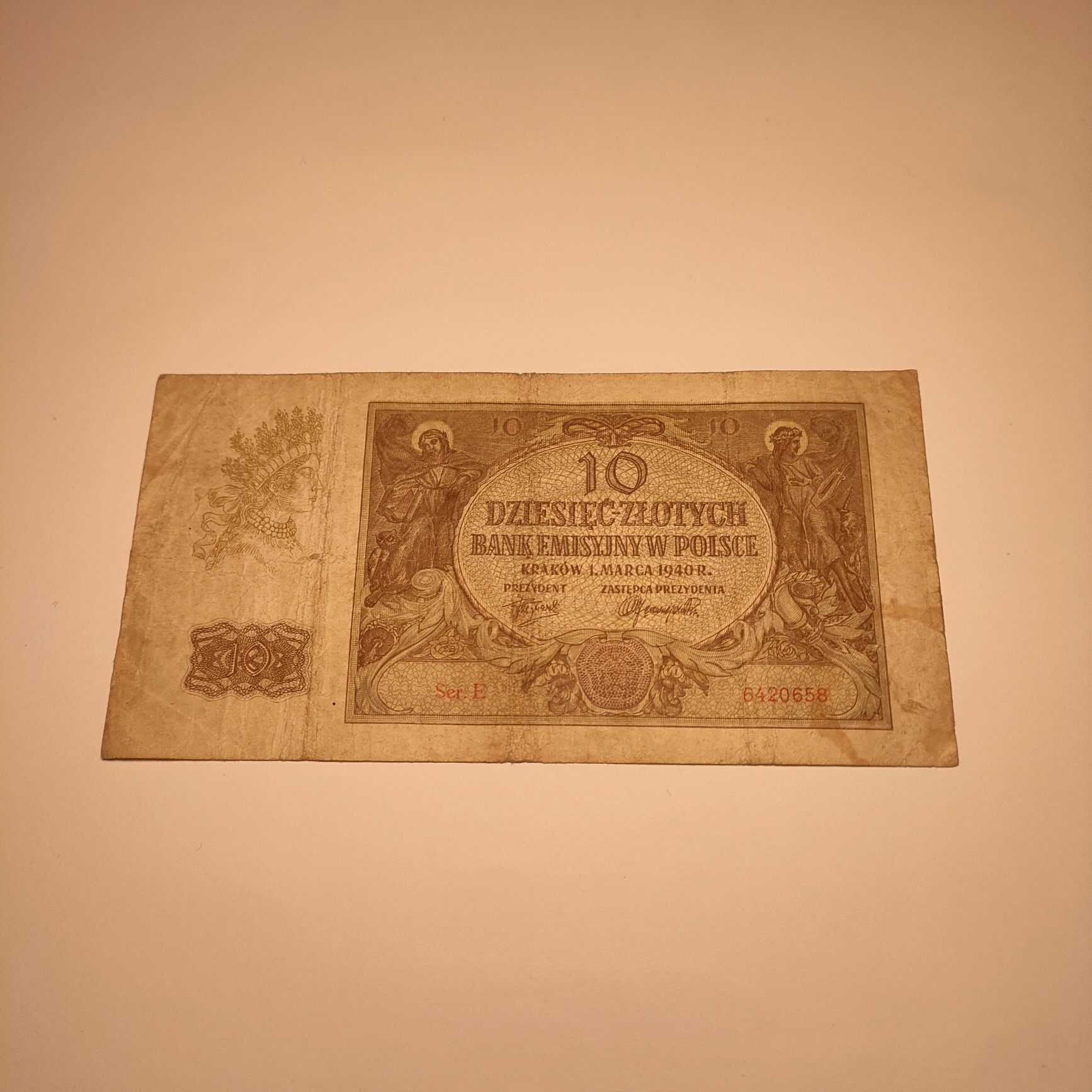 Banknot 10 złotych 1940 r. Seria E