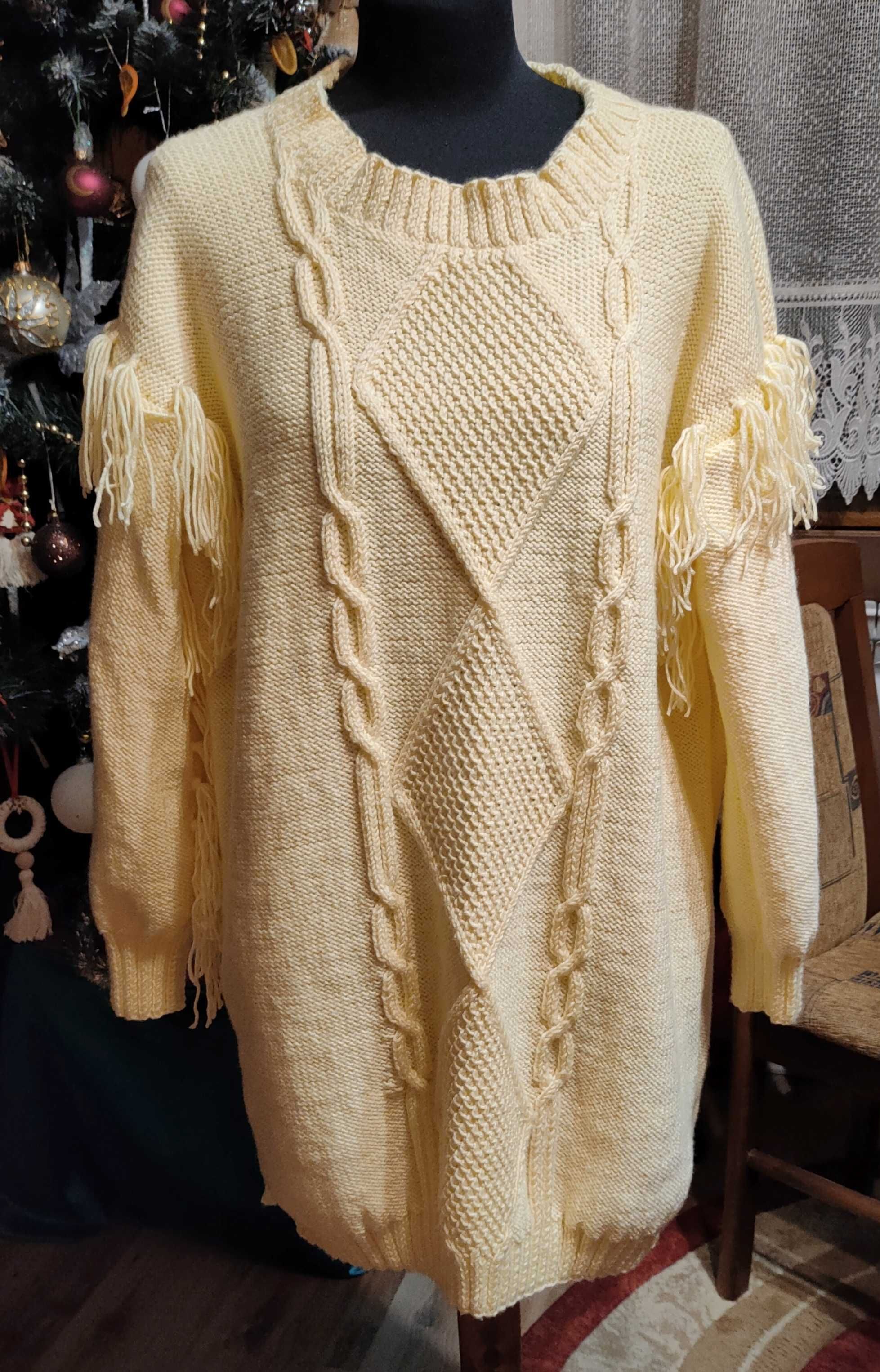 Cytrynowy długi sweter damski