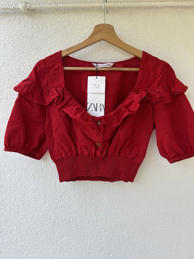 ZARA krótki czerwony top crop bluzka len r. M