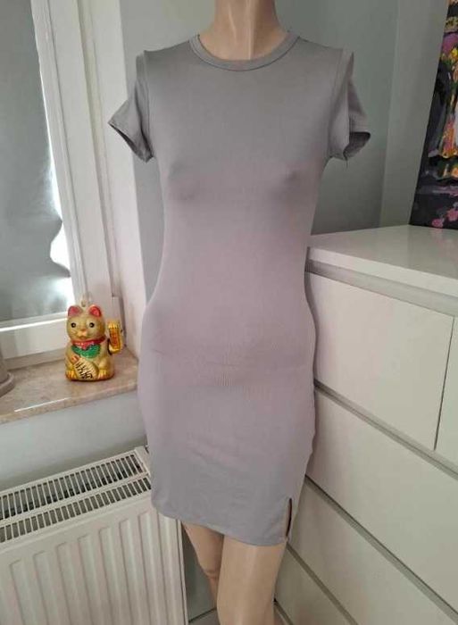 H&M dopasowana imprezowa nowa szara sukienka z rozcięciem mini basic