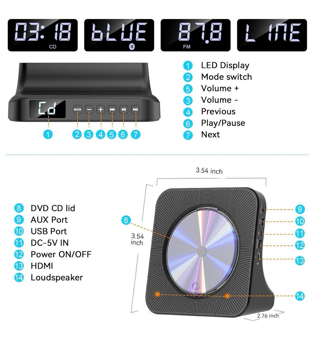 Gueray Odtwarzacz DVD/CD Bluetooth 5.0 FM HDMI USB Nowy!