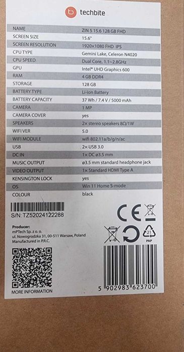 Laptop techbite zin 5 nowy gwarancja