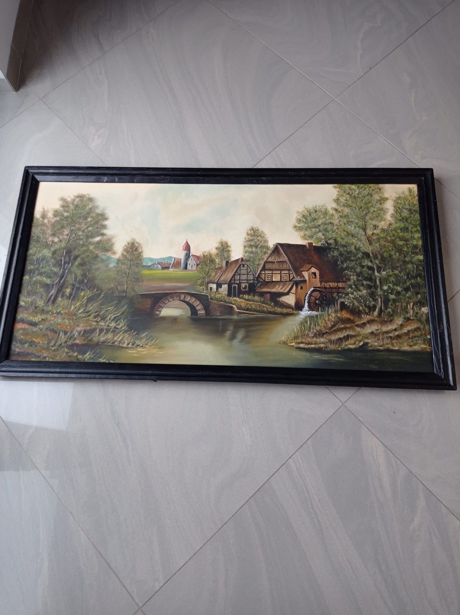 Stary malowany obraz w drewnianej ramie chata