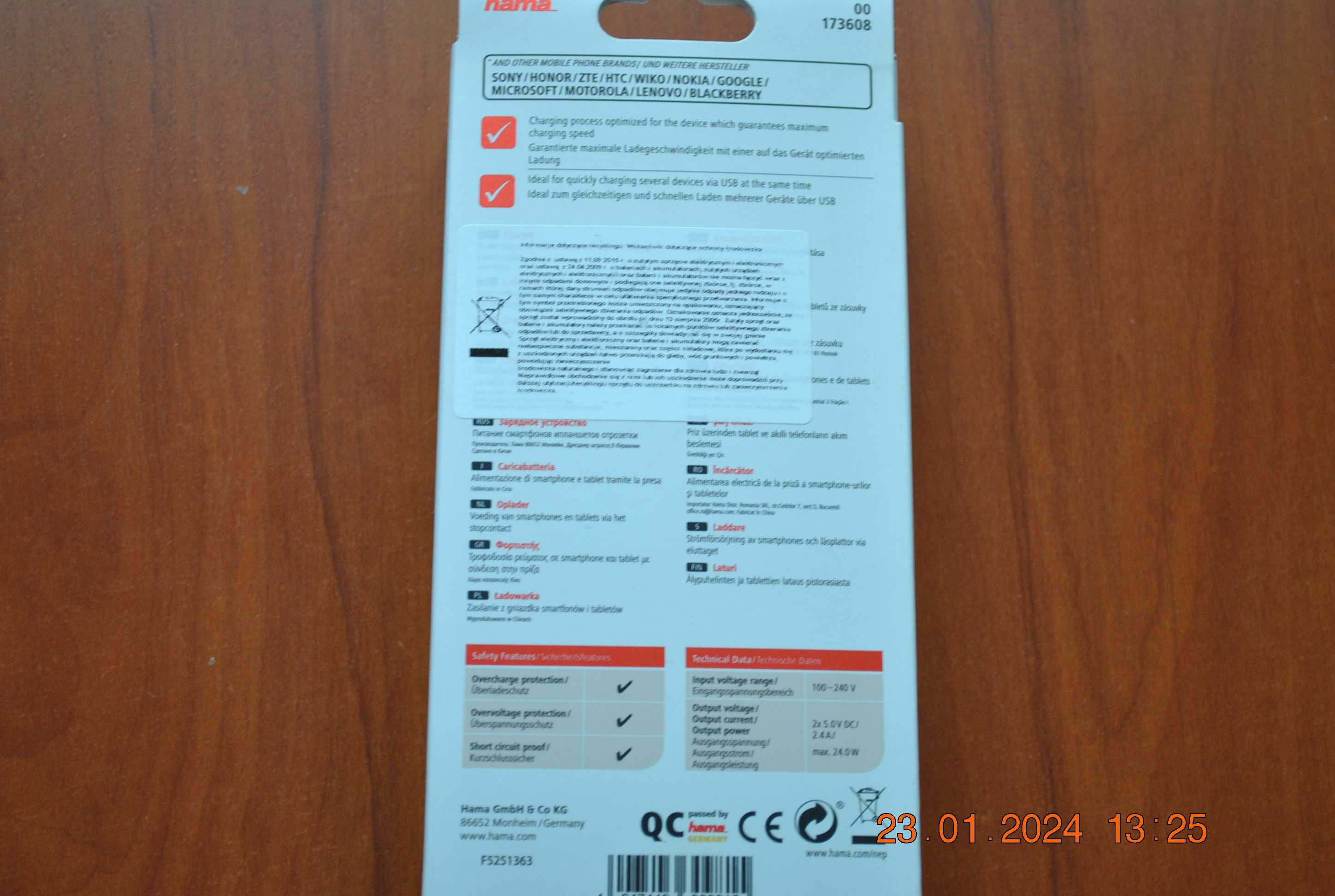 markowa ładowarka  do telefonu hama  24 w 2x usb