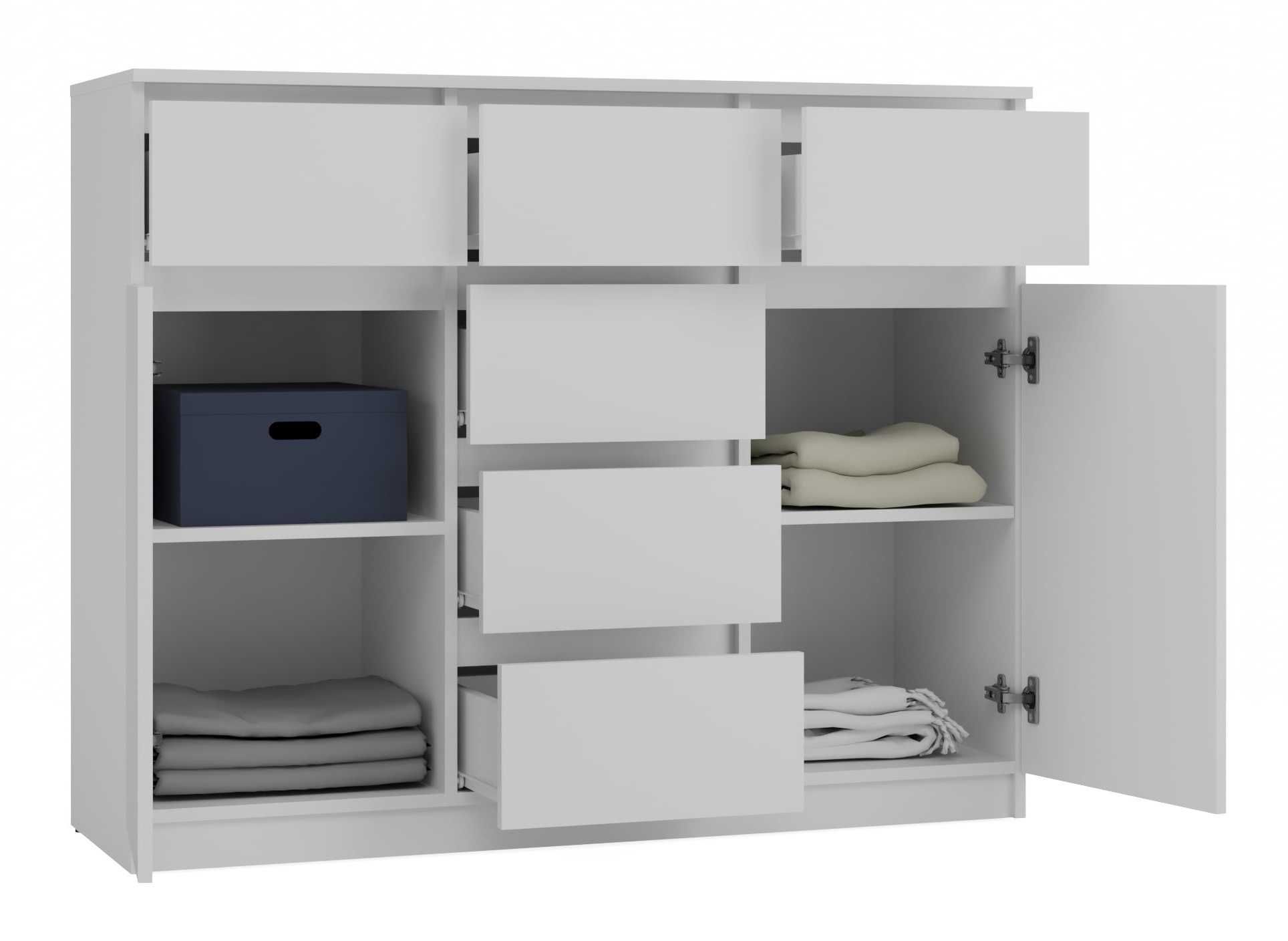 KOMODA 2D6S BIAŁA Szafka 120 cm 6 Szuflad 2 Drzwi Do Salonu