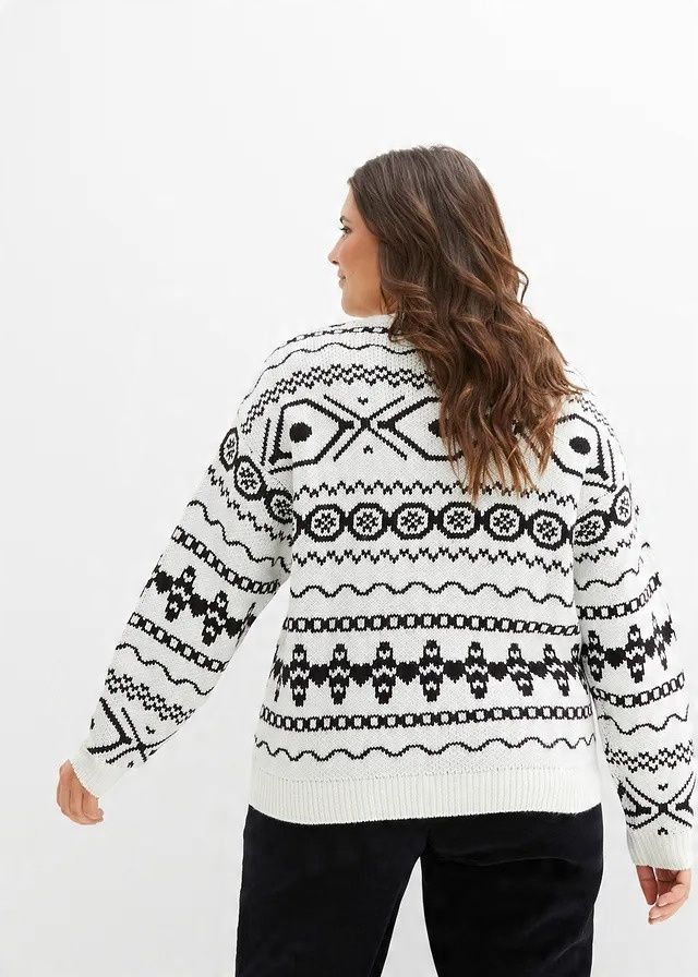 B.P.C sweter śmietankowy z czarnym norweskim wzorem r.48/50