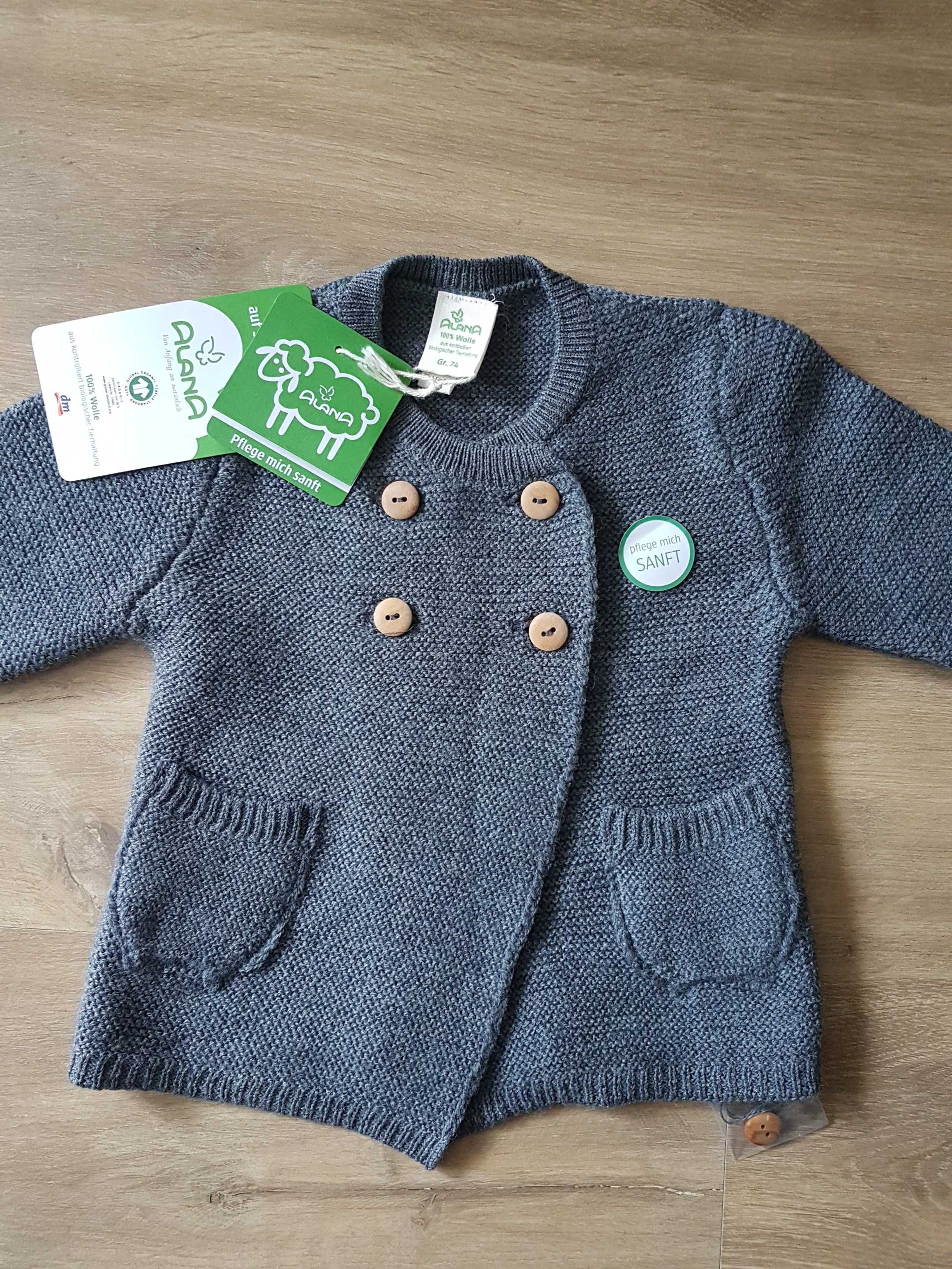 Nowy wełniany sweter ALANA dm 100% certyfikowana wełna organiczna r.74