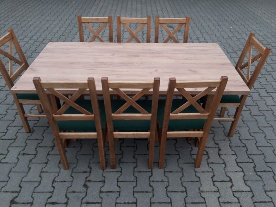 Nowosc Stol 185/244x95+8 krzesel krzyzowe dab rustykal +blat dab craft