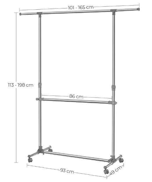 Charriot para pendurar roupas, cor cinzenta, 113-198 cm