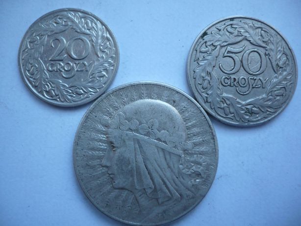 Zestaw monet II RP - 5 zł "głowa kobiety" z 1933r + 20 i 50 gr z 1923r