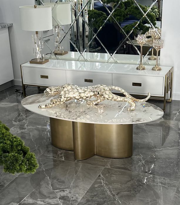 Nowoczesny złoty stolik kawowy owalny z marmurem glamour  ława meble