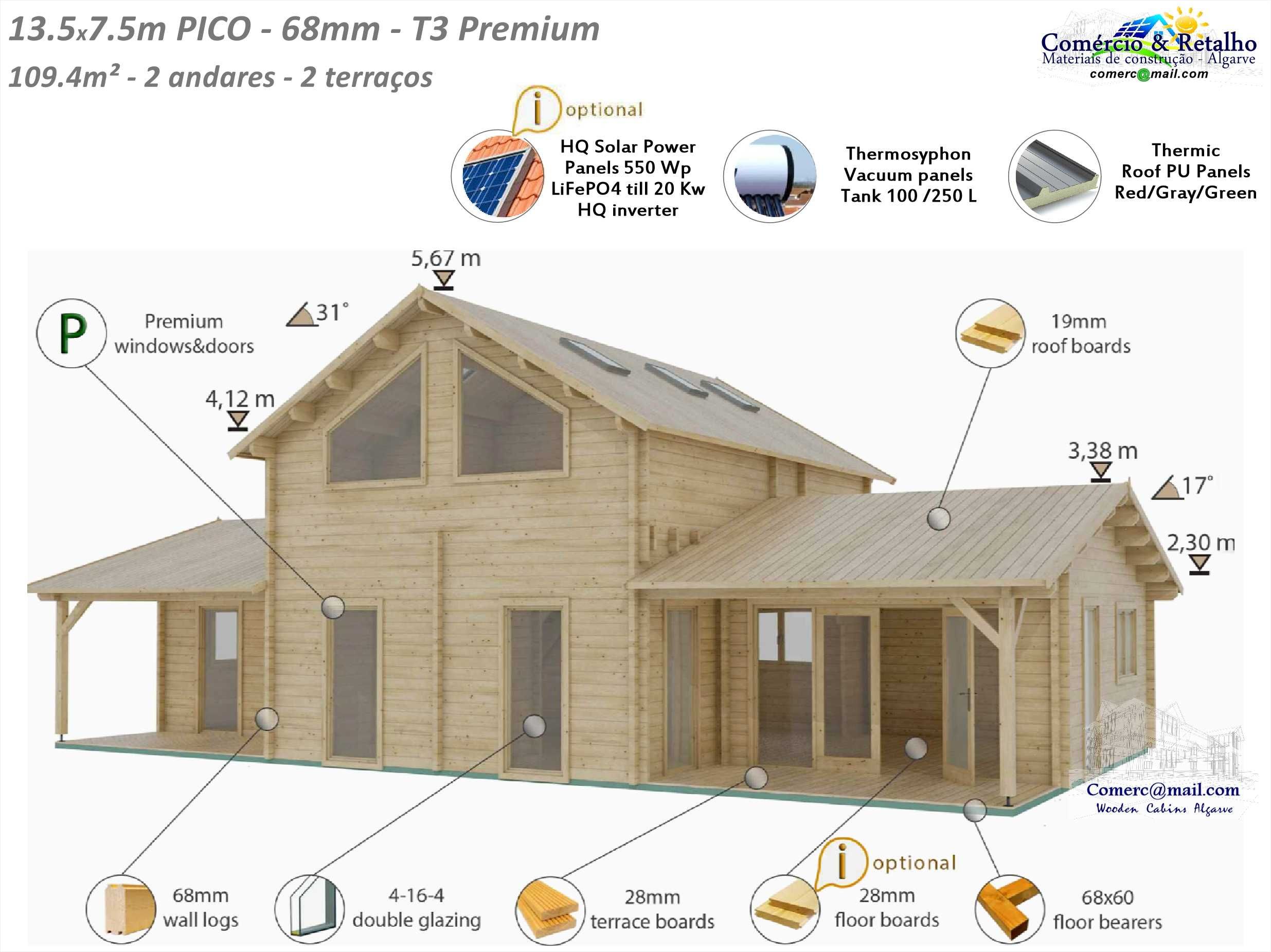 Casa madeira PICO Sweden T3  109.4 m² - Pré-fabricada - Opção licença