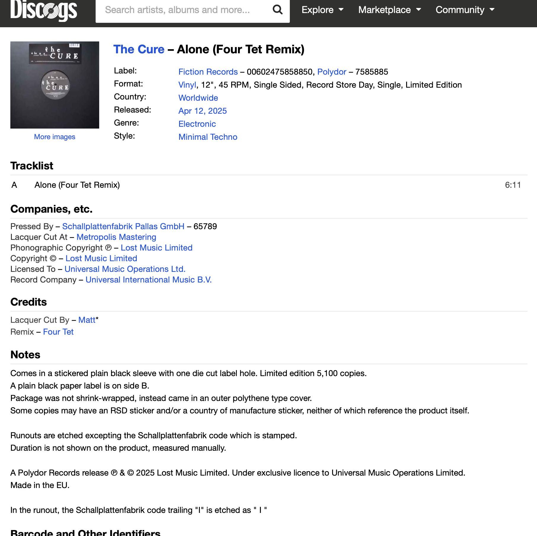 The Cure - Alone Four Tet Remix LP12 RSD 2025 Nowa! Limit 5001!
