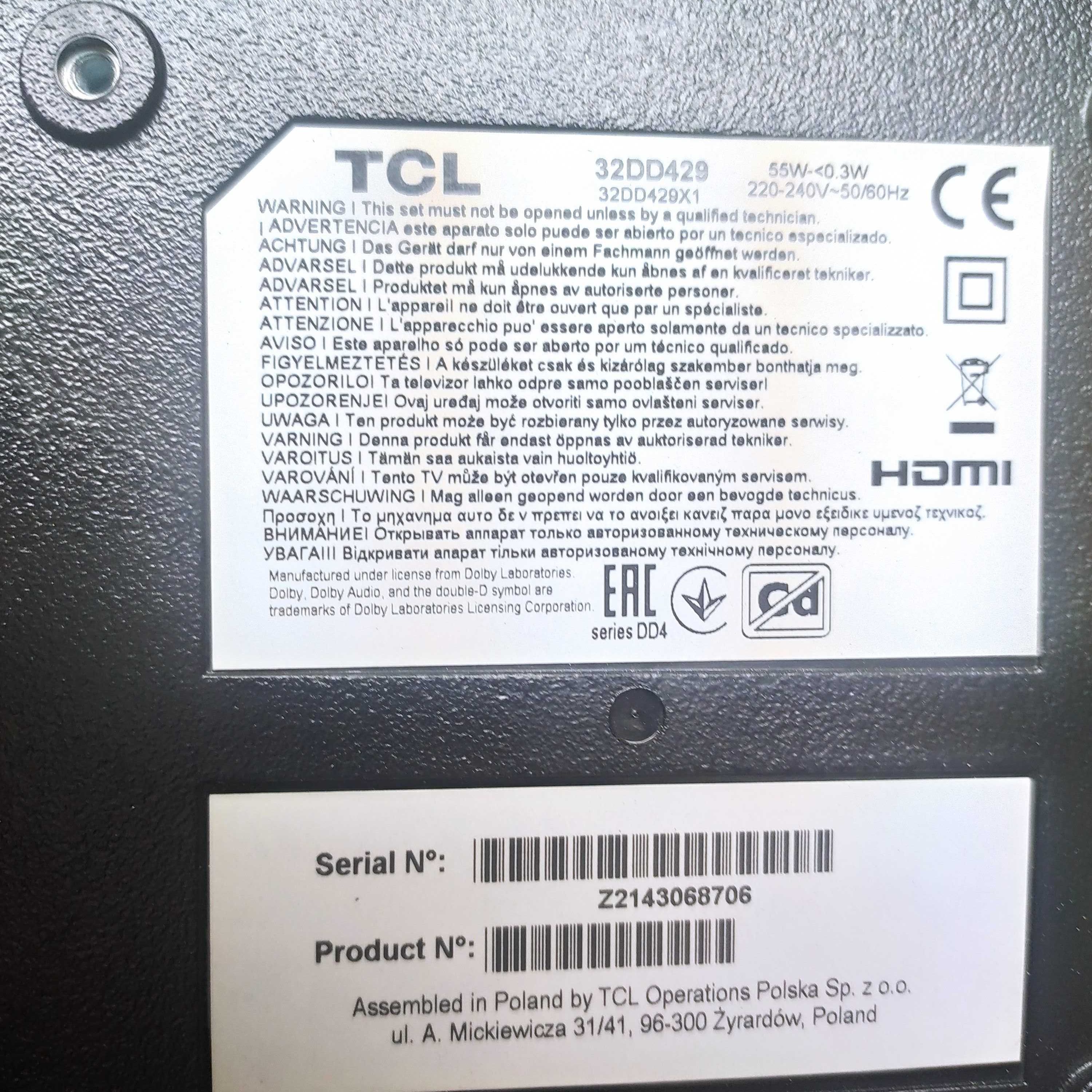 Płyta telewizora TCL 32DD429 i pilot,