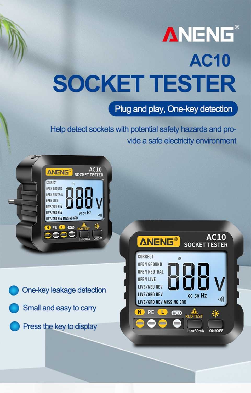 Tester Gniazdek sieciowych z wyświetlaczem LCD, ANENG AC10