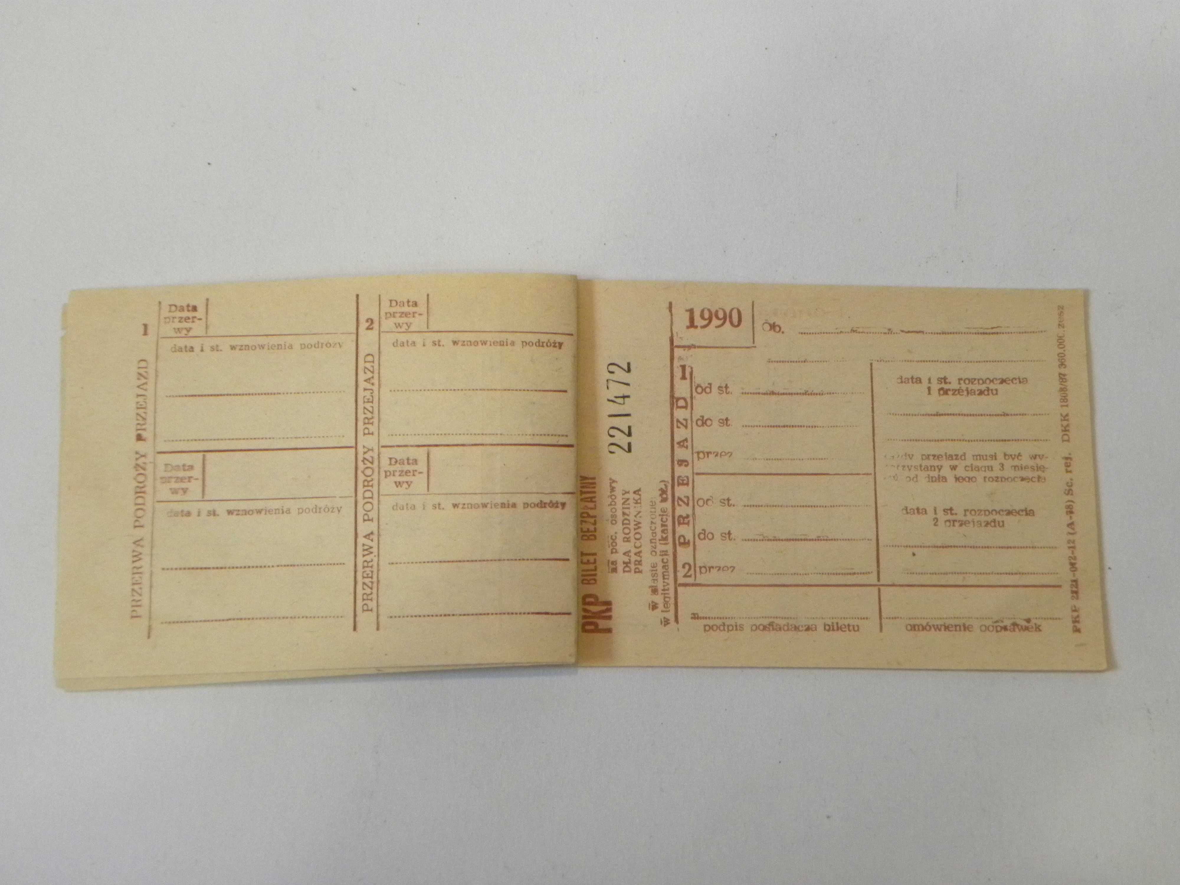 Kolekcjonerskie bilety kolejowe książeczka biletów PKP rok 1990