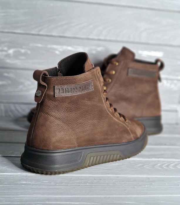 40-48 Мужские кожаные зимние черные коричневые ботики мех байка змейка