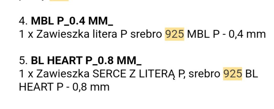 zawieszki srebrne pozłacane litera P