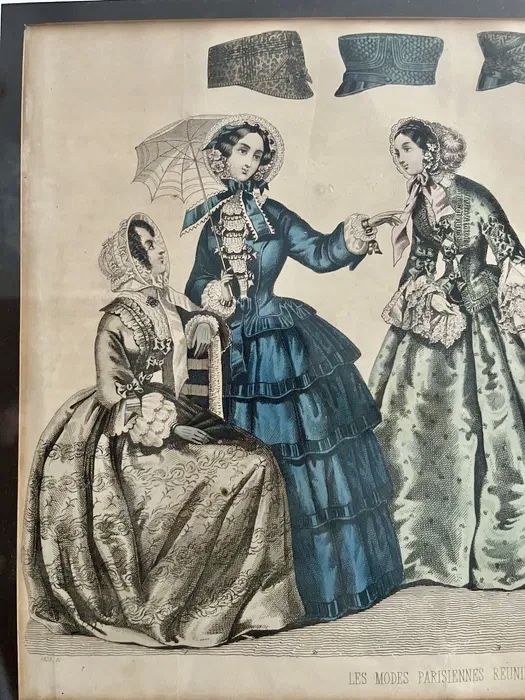 *Stara Piękna Moda Biedermeier XIX Francja Suknia Frak Obraz grafika