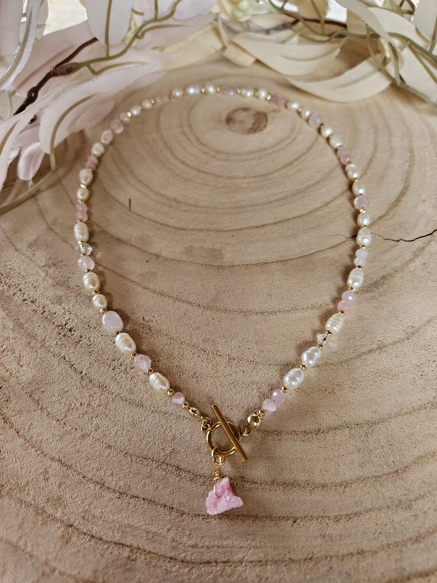 Naszyjnik Choker kamienie naturalne Perły naturalne Kwarc różowy Druzy