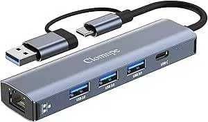 Hub USB C 5 w 2 Ethernet 1000M, USB Type-C Gigabit RJ45