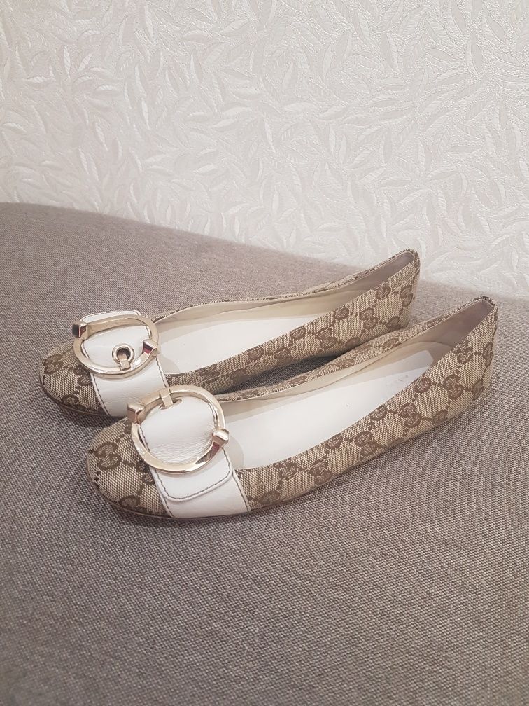 gucci brown leather gg web canvas flats