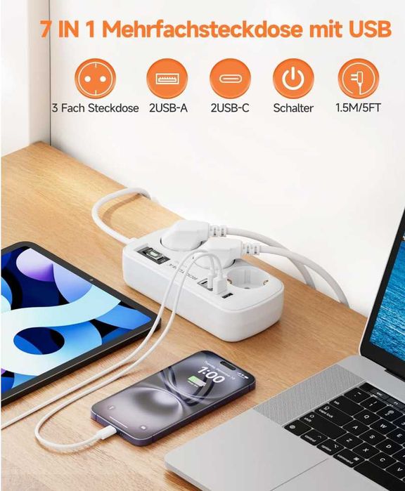 Listwa zasilająca 7 w 1 1.5m 2 x usb C 2 x usb