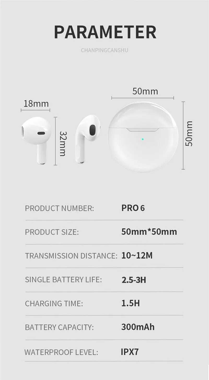 TWS PRO 6 Бездротова гарнітура Bluetooth 5.0 / навушники