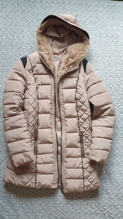 Kurtka zimowa damska pikowana beżowa z kapturem płaszcz beżowy
