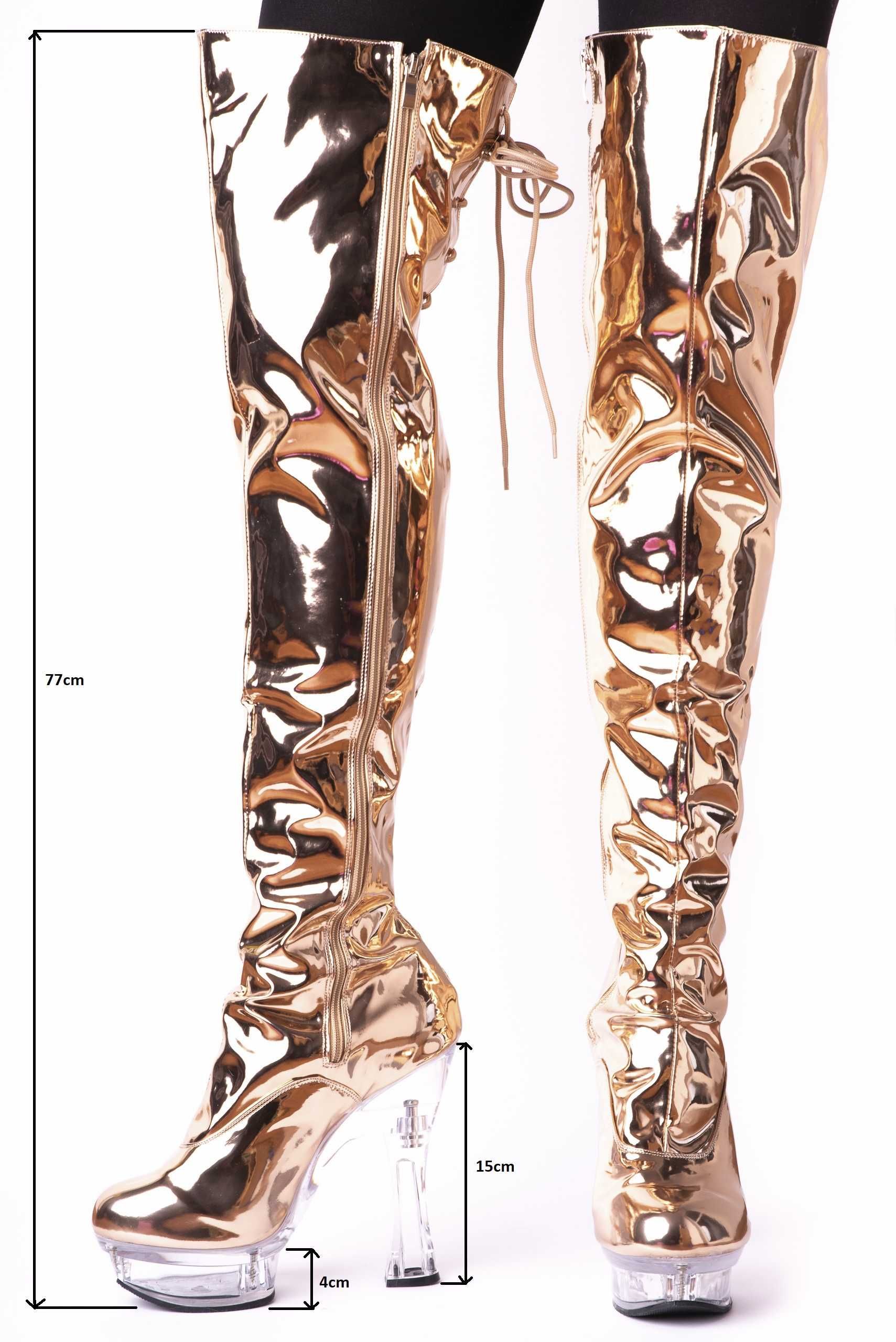 Buty kozaki złote wysokie erotyczne wiązane błyszczące platformy 44