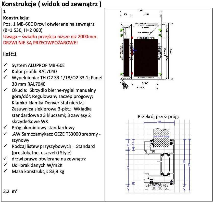 Drzwi aluminiowe ciepłe 1530x2080mm dwuskrzydłowe RAl 7040