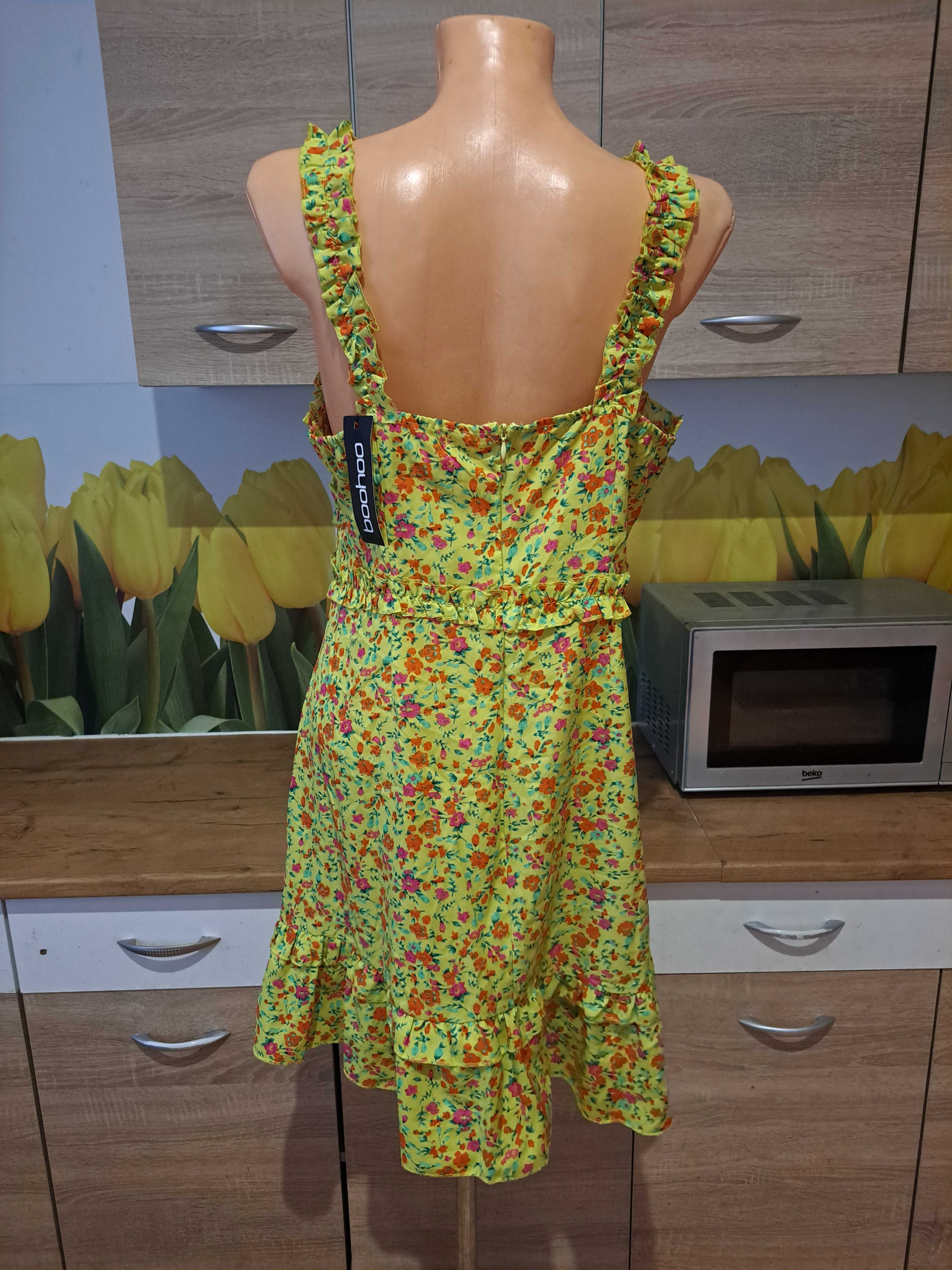 Nowa, lekka mini sukienka Boohoo rozmiar 44 poliester, kwiaty