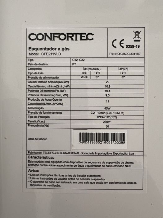 Esquentador 11 litros Confortec NOVO