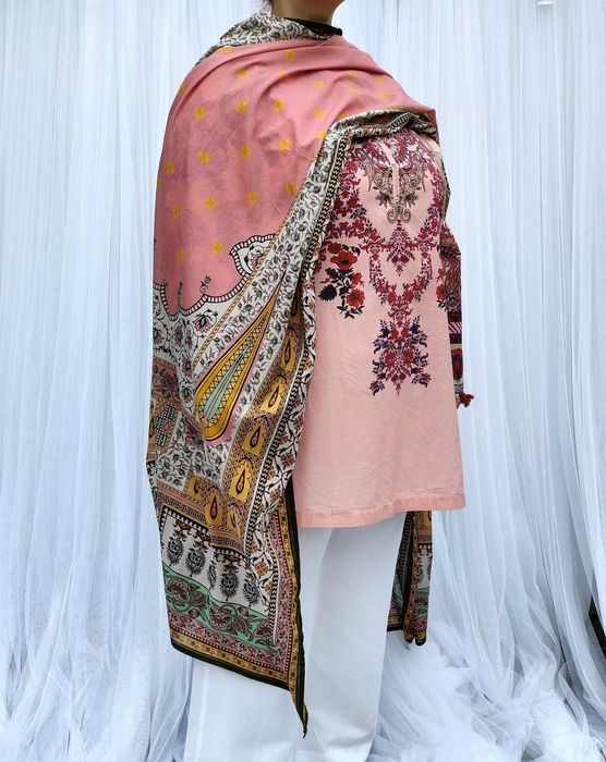 Duża chusta szal dupatta różowa bawełna wzór orient hidżab hijab pareo