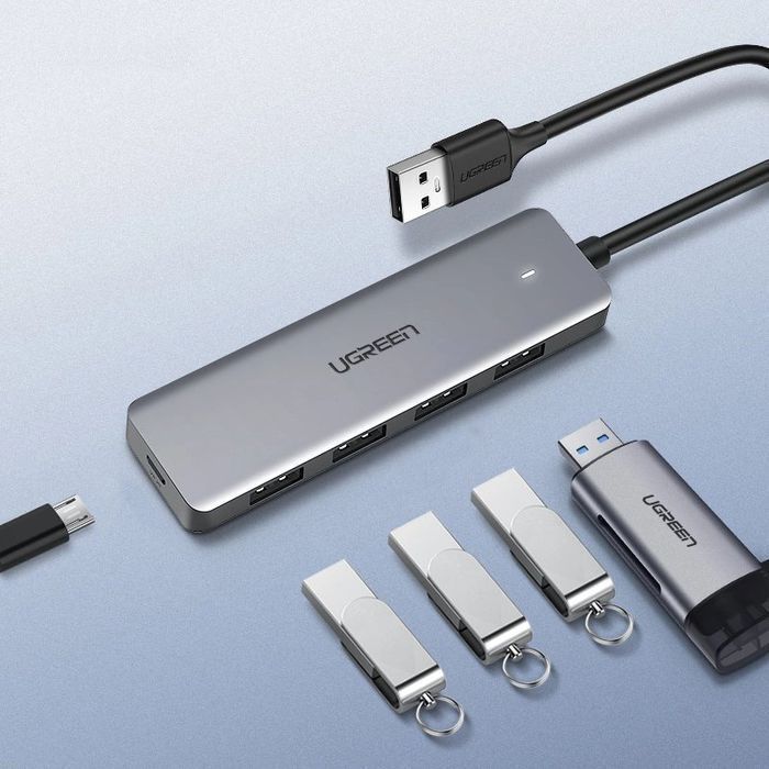 Ugreen HUB USB - 4x USB 3.2 Gen 1 z portem zasilania micro USB szary