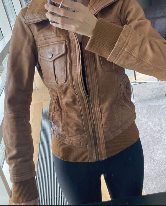 Kurtka jesienna brązowa, Skóra naturalna, pilotka, Stradivarius, XS