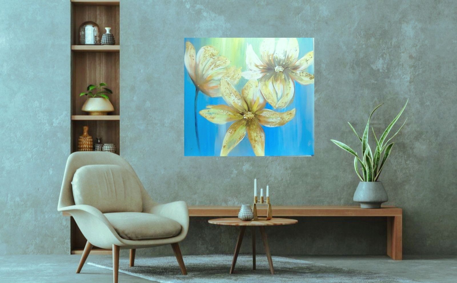 Інтер'єрна картина "Золоті квіти" абстракція, акрил, поталь