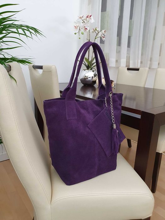 VERA PELLE torebka zamszowa worek shopper z suwakiem V146 beżowa