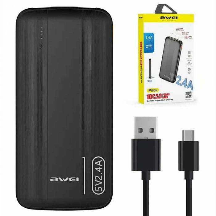 Внешний аккумулятор Power bank AWEI P20K 10000mAh 2USB батарея зарядка