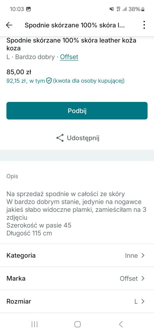 Spodnie męskie L 100% skóra