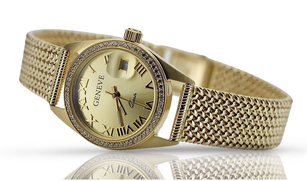 Złoty zegarek damski 14k z BRYLANTAMI Geneve lwd078ydg&lbw003y Wawa