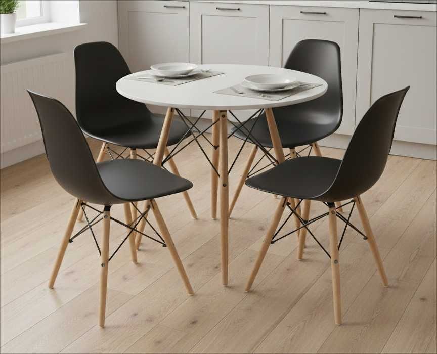 NOWY Biały Okrągły Stół 80 cm z Krzesłami Do Jadalni Kuchni Salonu FV