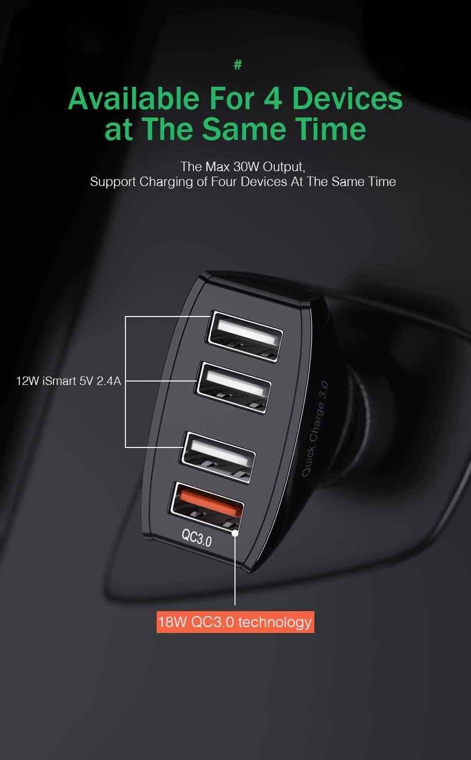 Автомобильная зарядка на 4 usb Quick Charge 3.0 Быстрая зарядка