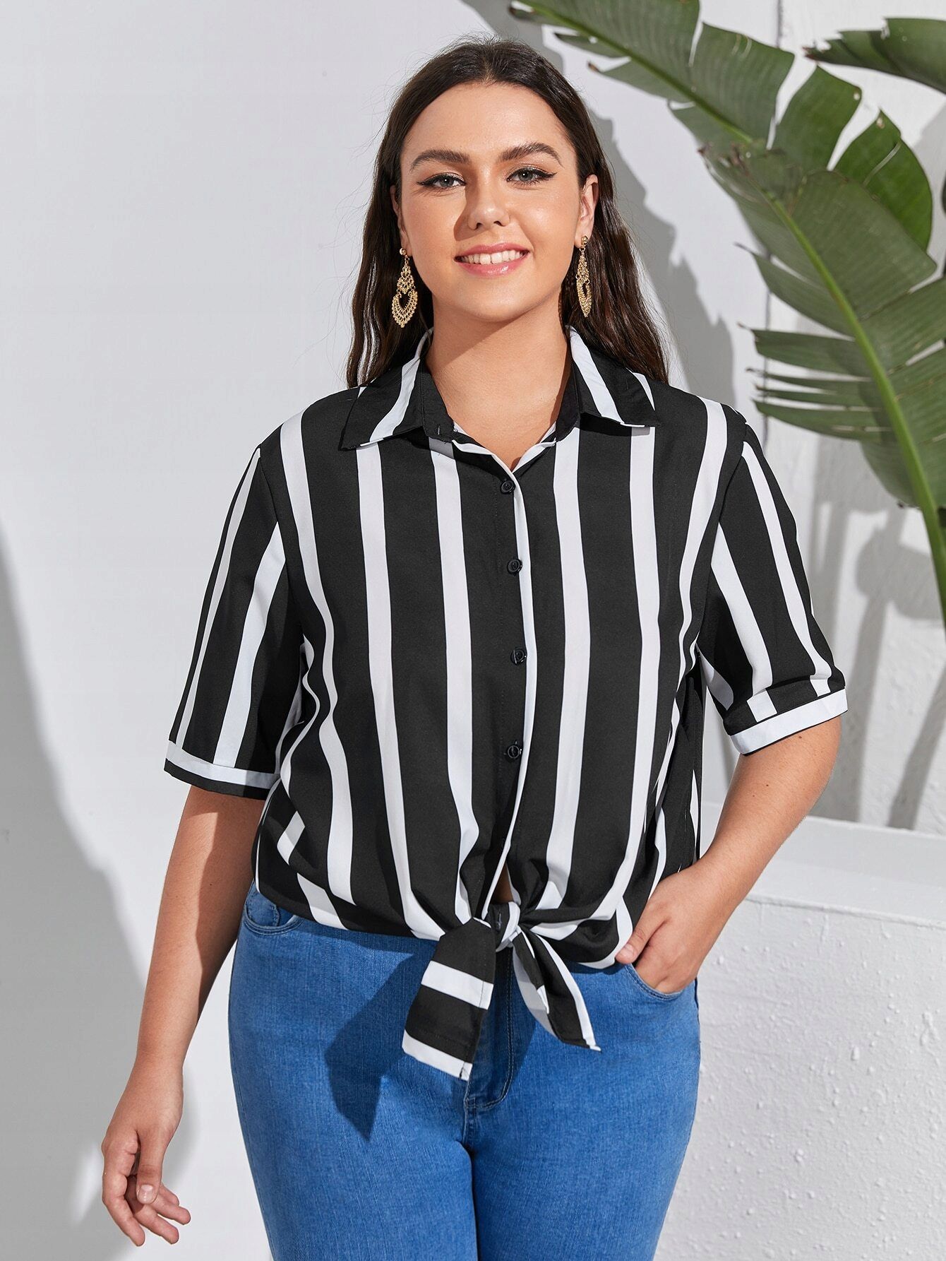 Koszula Damska Casual W Paski Czarno-Biała Xl 42